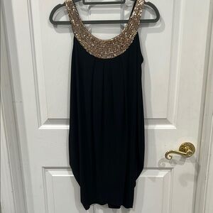 Black and Gold Sequin Embellished Babydoll Mini Dress